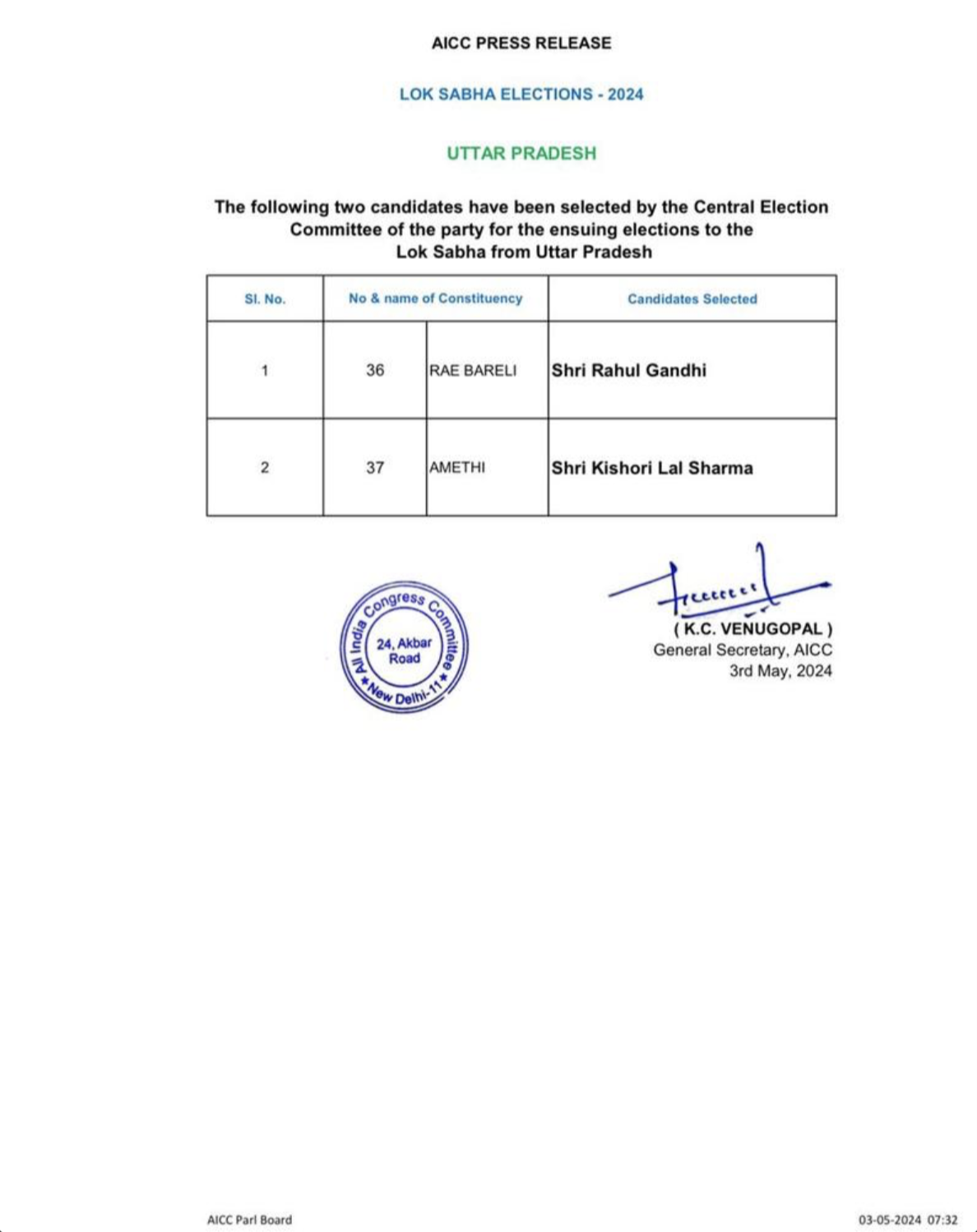 राहुल गांधी रायबरेली से लड़ेंगे चुनाव, कांग्रेस ने अमेठी से के.एल. शर्मा को उतारा मैदान पर