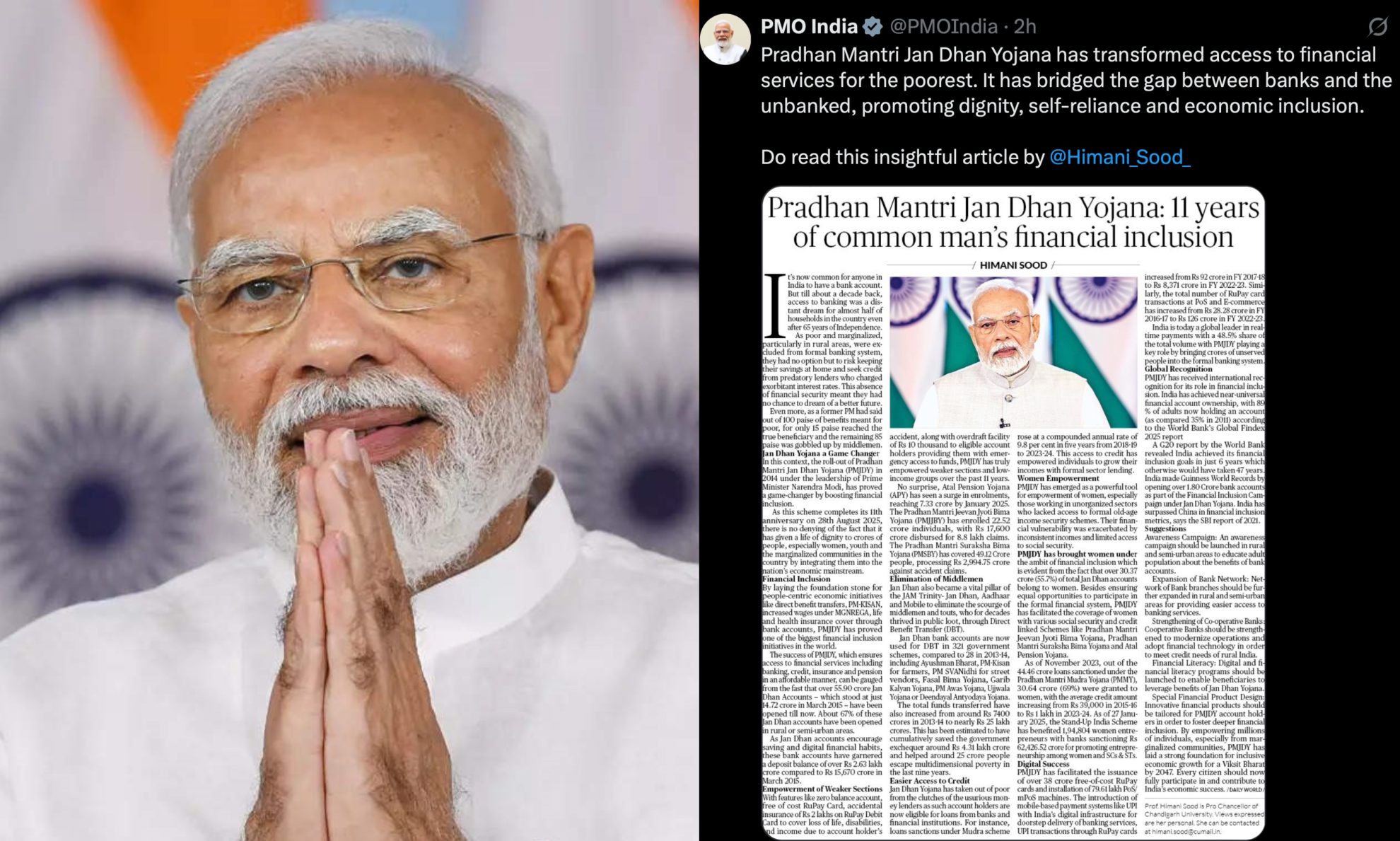 प्रधानमंत्री जन धन योजना: गरीबों के लिए वित्तीय समावेशन का नया युग, पीएम मोदी ने साझा किया लेख